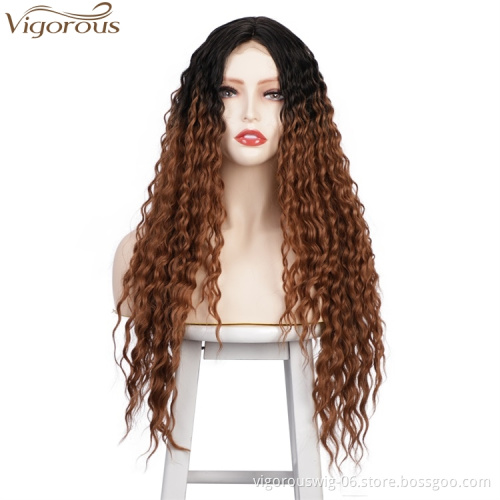 Vigorous Cheap Kinky Curly Wigs Long Synthetic Wigs For Women Middle Part Natual Black Wigs Heat Resistant Fiber Wholesale Price